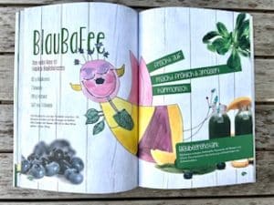Buchseite Zutaten für grünen Smoothie mit Blaubeeren